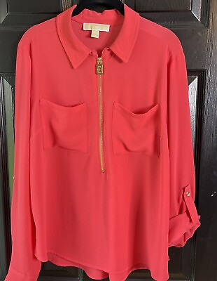 #ad Michael Kors Large Women Utility Top Blouse Bright Pink 1 2 Zip Gold Polyester