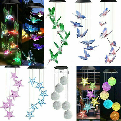 #ad Solar Wind Chimes Light LED Garden Color Changing Hanging Butterfly Heart Star