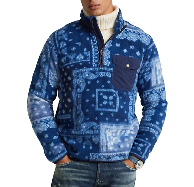 #ad Polo Ralph Lauren Men#x27;s Fleece Pullover Jacket XL Blue Bandanna Patchwork Print