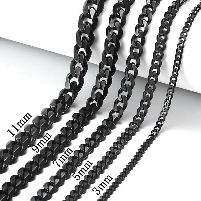 #ad 3 5 7 9 11mm Cuban Curb Mens Necklace Black Stainless Steel Link Chain 18quot; 30quot;
