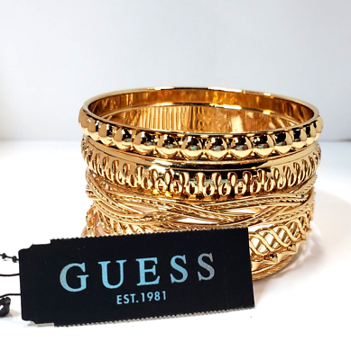 #ad GUESS Set of 7 Gold Tone Textured Bracelets