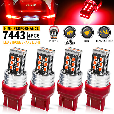#ad 4PCS 7443 7440 LED Red Strobe Flash Blinking Brake Stop Tail Parking Light Bulbs $11.48