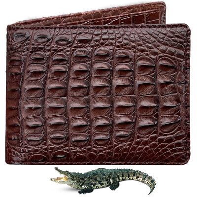 #ad Genuine Crocodile Leather Skin Brown Bifold Wallet Men#x27;s Double Side RFID Block