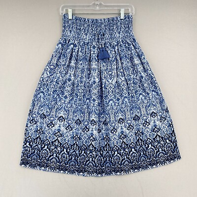 #ad J Jill Midi Skirt Petite PXS Blue Paisley Ruched High Waist Tassels Boho