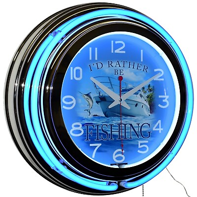 #ad 15quot; I#x27;D RATHER BE FISHING Double Neon Clock Garage Man Cave Decor Blue