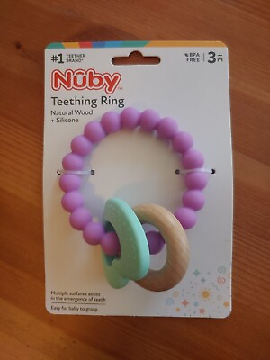 #ad Nuby Natural Teether Silicone Key Ring Design with Wooden Hoop Heart