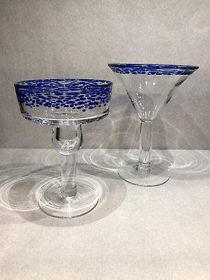 #ad HAND BLOWN COBALT BLUE SPECKLED MARGARITA or COSMO MARTINI GLASSES PICK ONE
