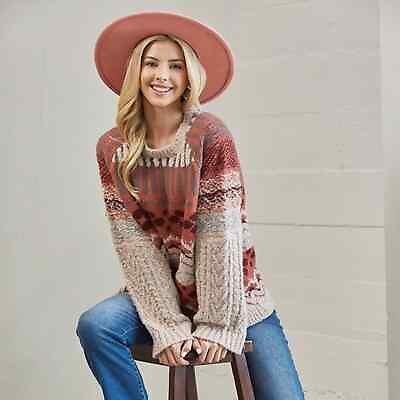 #ad Women#x27;s Oversized Sweater Textured Mixed Crew neck Sweater Top NWT Large