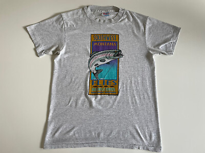 #ad VTG 1990s Montana Fly Fishing Shirt Wise River 50 50 Gray Single Stitch M USA