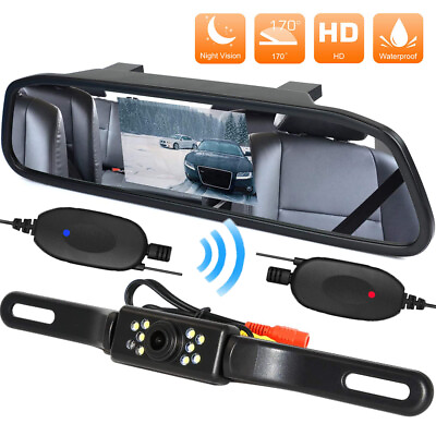 #ad Wireless car backup camera rear view system night vision4.3 inch mirror monitor