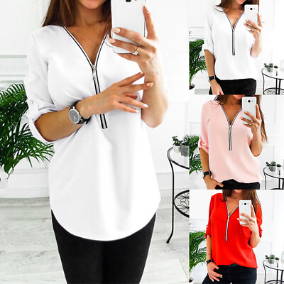 #ad Womens V Neck Zipper Long Sleeve T shirt Ladies Fashion Blouse Casual Loose Tops