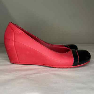 #ad Crocs Cap Toe Wedge Heel Red Black Wedges