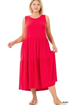 #ad ZENANA Tiered Midi Dress Plus Size Sleeveless Pullover