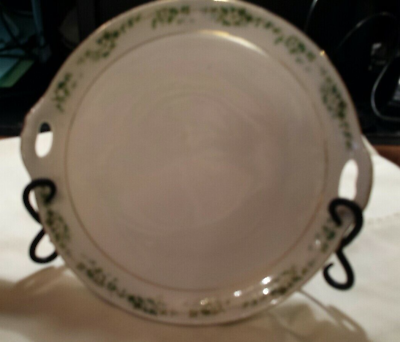 #ad Elegant 9quot; Handled Cake Plate White w green floral gold trim #166