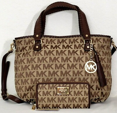 #ad 🌞MICHAEL KORS BENNET LARGE BROWN LOGO SIGNATURE TOTE OR MATCHING WALLET🌺NWT