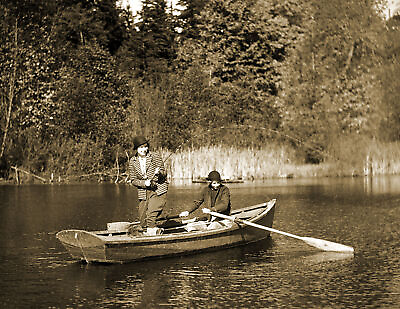 #ad 1920 1940 Two Women Fishing on a Lake WA Vintage Old Photo 8.5quot; x 11quot; Reprint