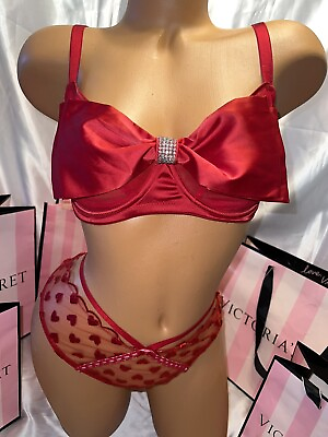 #ad Victorias Secret Dream Angels Bra Satin Bling Bow Crotchless Panty 36DD Lge. Red