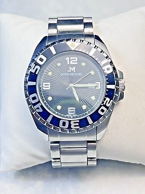 #ad JAMES MICHAEL Men#x27;s 44mm Quartz Watch Steel Bracelet Black Dial Rotating Bezel