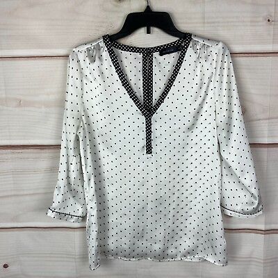#ad The Limited Polka Dot Satin Top Womens Small 3 4 Sleeve White V Neck Blouse
