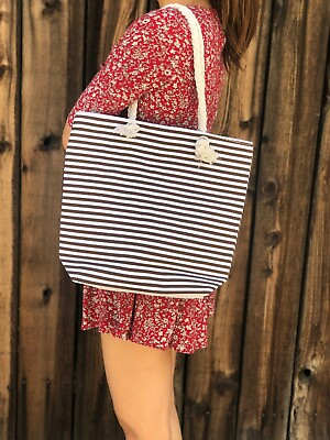 #ad US SELLER Women Ladies Canvas Striped Shoulder Beach Bag Shopping Tote Zip Bag