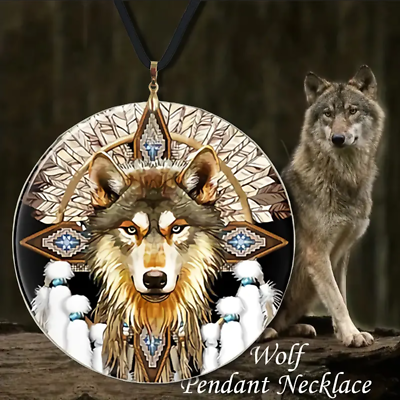 #ad Jewelry Wolf Head Round Acrylic Pendant Necklace Native American Feathers