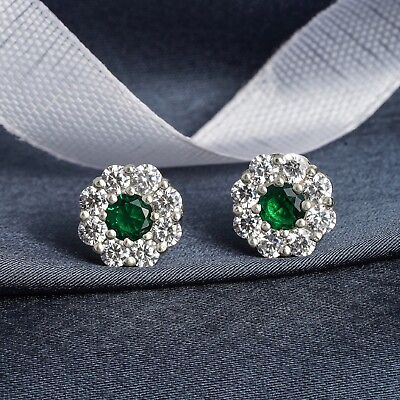 #ad 3.00Ct Round Cut Lab Created Green Emerald Stud Earrings 14K Finish Gold Finish