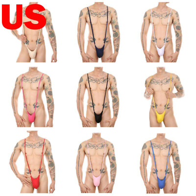 #ad US Men#x27;s Bodysuit Open Butt Bulge Pouch Thongs Suspender Strap One Piece Mankini