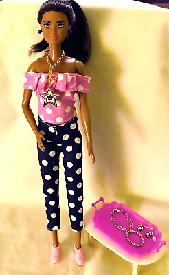 #ad BARBIE FASHION Pink White Blue White Polka Dot Top Pants Pink Sneakers Jewelry