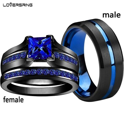 #ad sz6 13 Couple Rings Black Tungsten Mens Band Blue Cz Women#x27;s Wedding Ring Sets