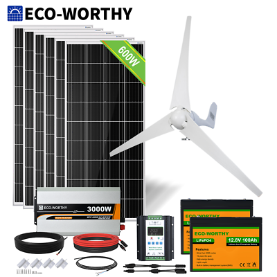 #ad ECO WORTHY 1000W 600W Wind Turbine Generator amp; Solar Panel Kit For Home Boat Rv