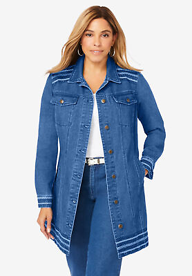 #ad Jessica London Women#x27;s Plus Size Long Denim Jacket Oversized Jean Jacket