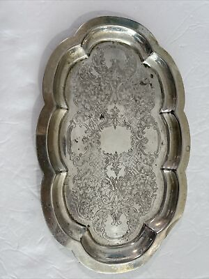 #ad VTG Small Oval Silver Plate Tray Platter English Silver Mfg Corp Etched 9.5x6”
