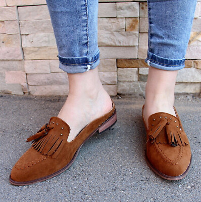 #ad Women Tassel Shoes Slippers Suede Tassel Loafers Mules Flat Slip On Pointy Toe