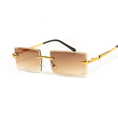 #ad Mens Brown Gradient Tint Rimless Gold Frame Hip Hop Sunglasses $10.99