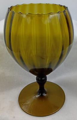 #ad Empoli Italian Olive Green Art Glass Goblet Pedestal Ribbed Ruffled MCM Vintage