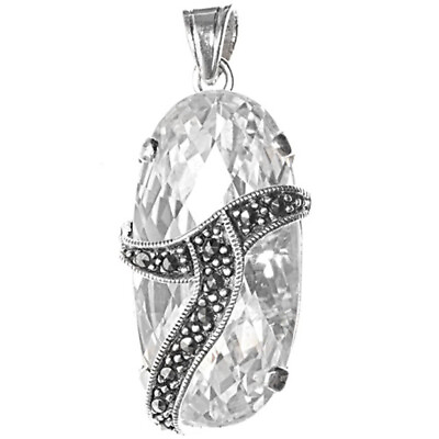 #ad Classic Studded Oval Pendant Clear Simulated CZ .925 Sterling Silver Chic Charm