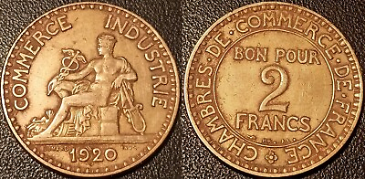 #ad France III Republic 2 Francs Chambre De Commerce 1920 Very Good F.267 2