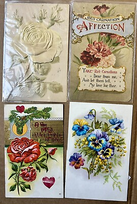#ad Vintage Flower Postcards Lot Of 4. Carnation. Rose. Early 1900s