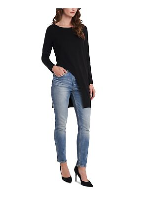 #ad VINCE CAMUTO Womens Black Darted Asymmetrical Long Sleeve Round Neck Tunic Top S