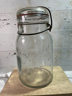 #ad Vintage Clear Glass Double Safety Quart Jar Glass Lid Bail Arm Closure Kivlan