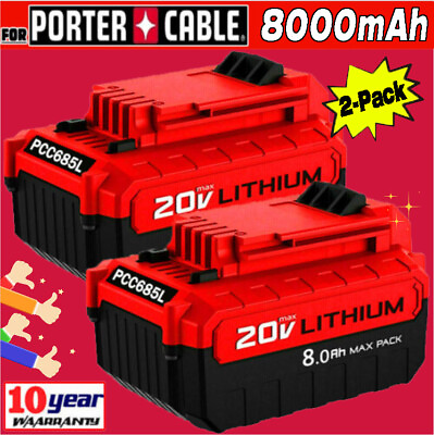 #ad PACK 20 Volt 8.0Ah Lithium ion Battery for Porter Cable 20V MAX PCC685L PCC680L