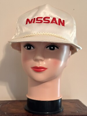#ad White Satin Nissan Baseball Cap Hat With Red Embroidered Letters amp; Braided Cord