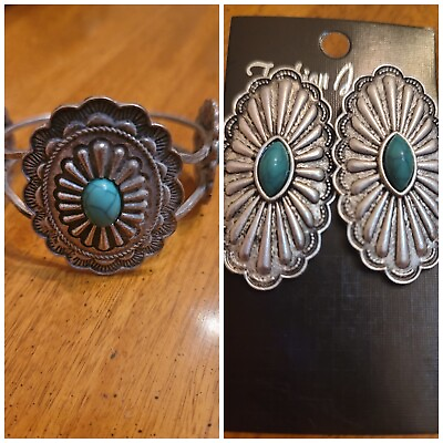 #ad Fashion Western Concho Bracelet Earrings Turquoise Womens Set