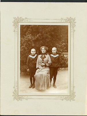 #ad Antique Austrian Cabinet Photo Mother amp; 2 Shaved Head Sons Sailor Navy Uniforms