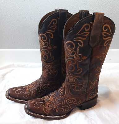 #ad Circle G Women Cowboy Western Boot Brown Honey Embroidery Square Size 8 L5795