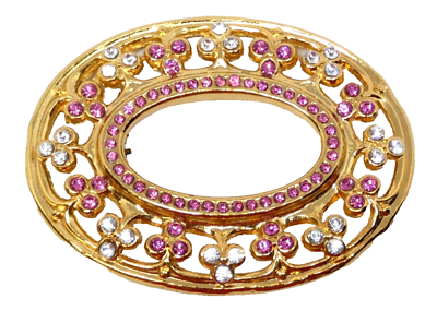 #ad Dolce amp; Gabbana Open Oval Brooch Pink and Clear Crystal Rhinestones Gold Tone