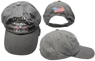 #ad God Guns amp; Trump 2024 USA Flag Grey Gray Washed Adjustable Embroidered Cap Hat