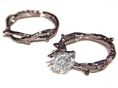 #ad BLACK THORNS BLUE ROSE RING SET gunmetal silver clear vine crown gothic pair 3I