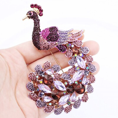 #ad Purple Crystal Rhinestone Huge Peacock Bird Animal Brooch Pin Pendant Party Gift
