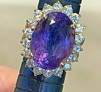 #ad 18k Gold Amethyst amp; White Sapphire Ring by DC. Appx 10ct Amethyst 18 Sapphires
